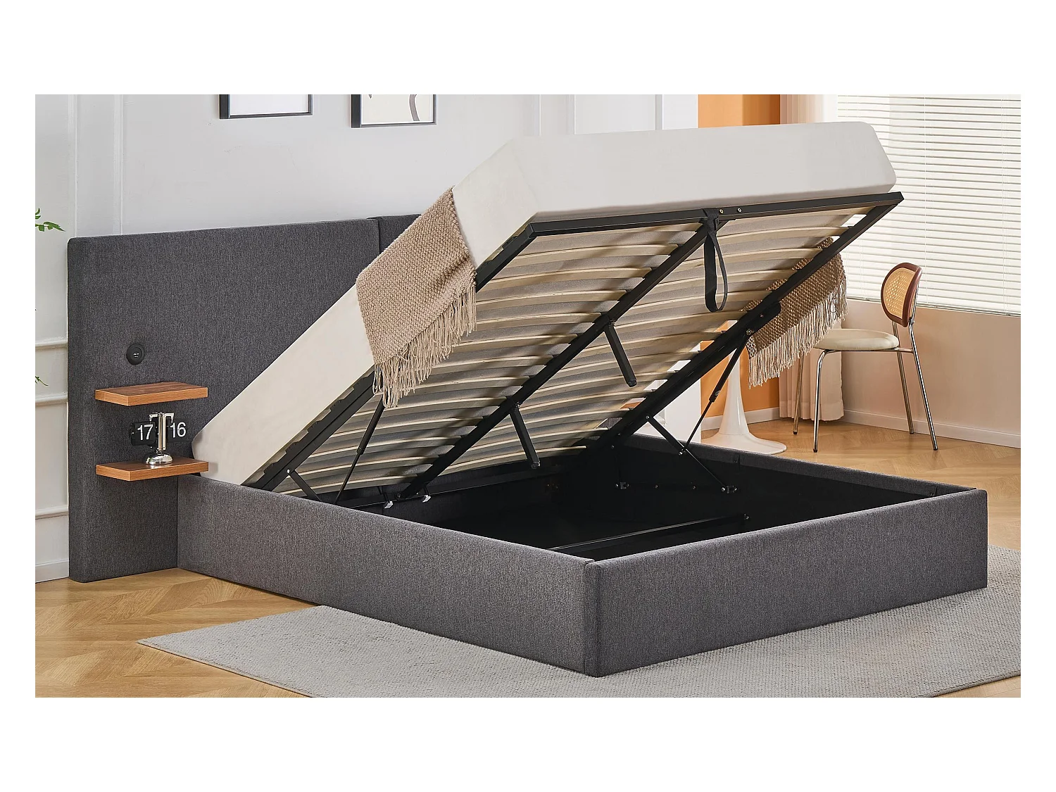 Lit-coffre complet avec tablettes et ports USB intégrés Lukas 160x200cm Tissu Gris