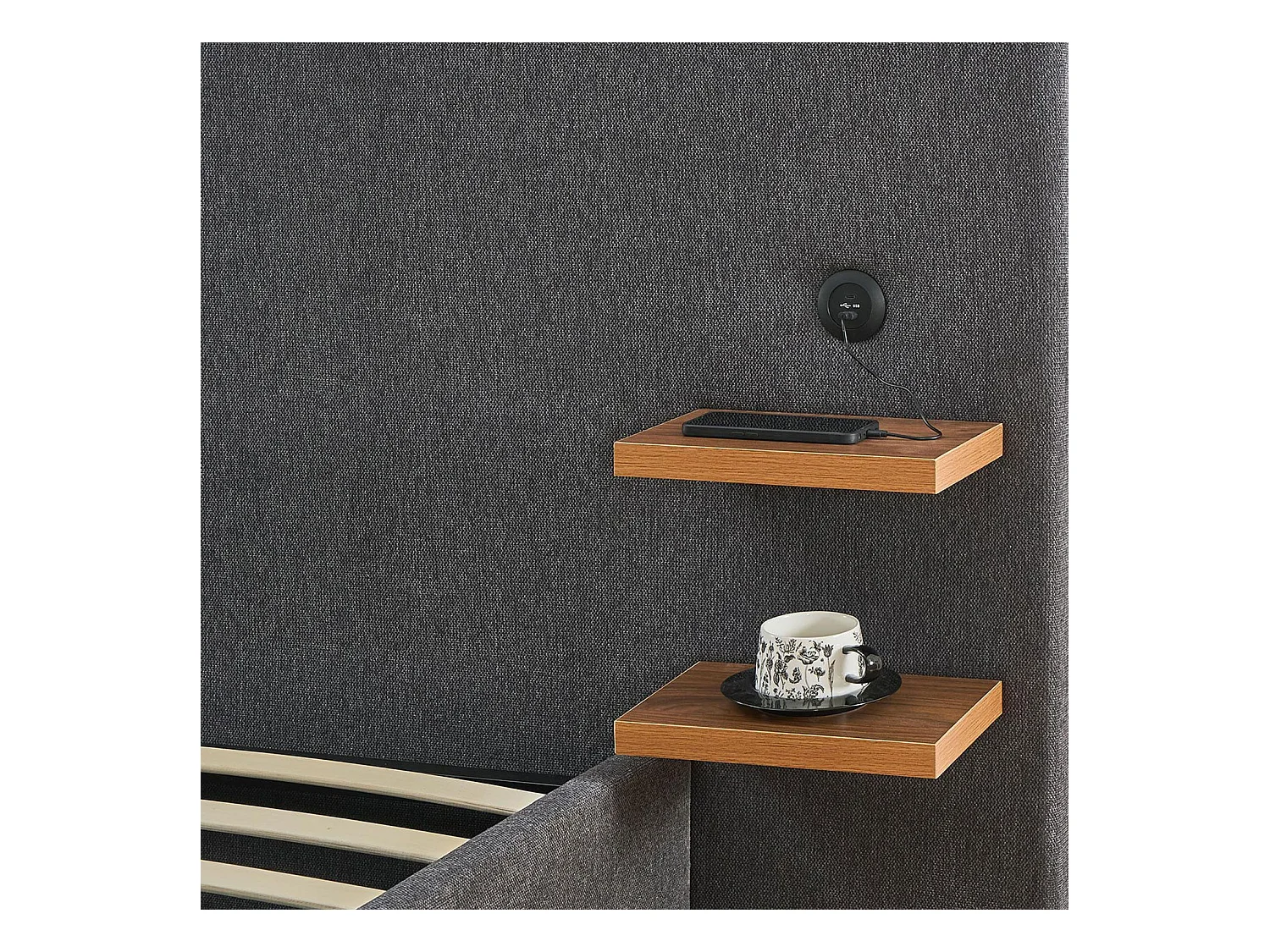 Lit-coffre complet avec tablettes et ports USB intégrés Lukas 160x200cm Tissu Gris