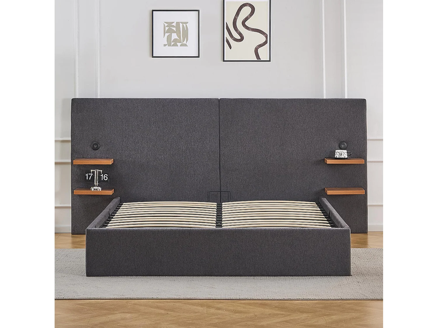 Lit-coffre complet avec tablettes et ports USB intégrés Lukas 160x200cm Tissu Gris