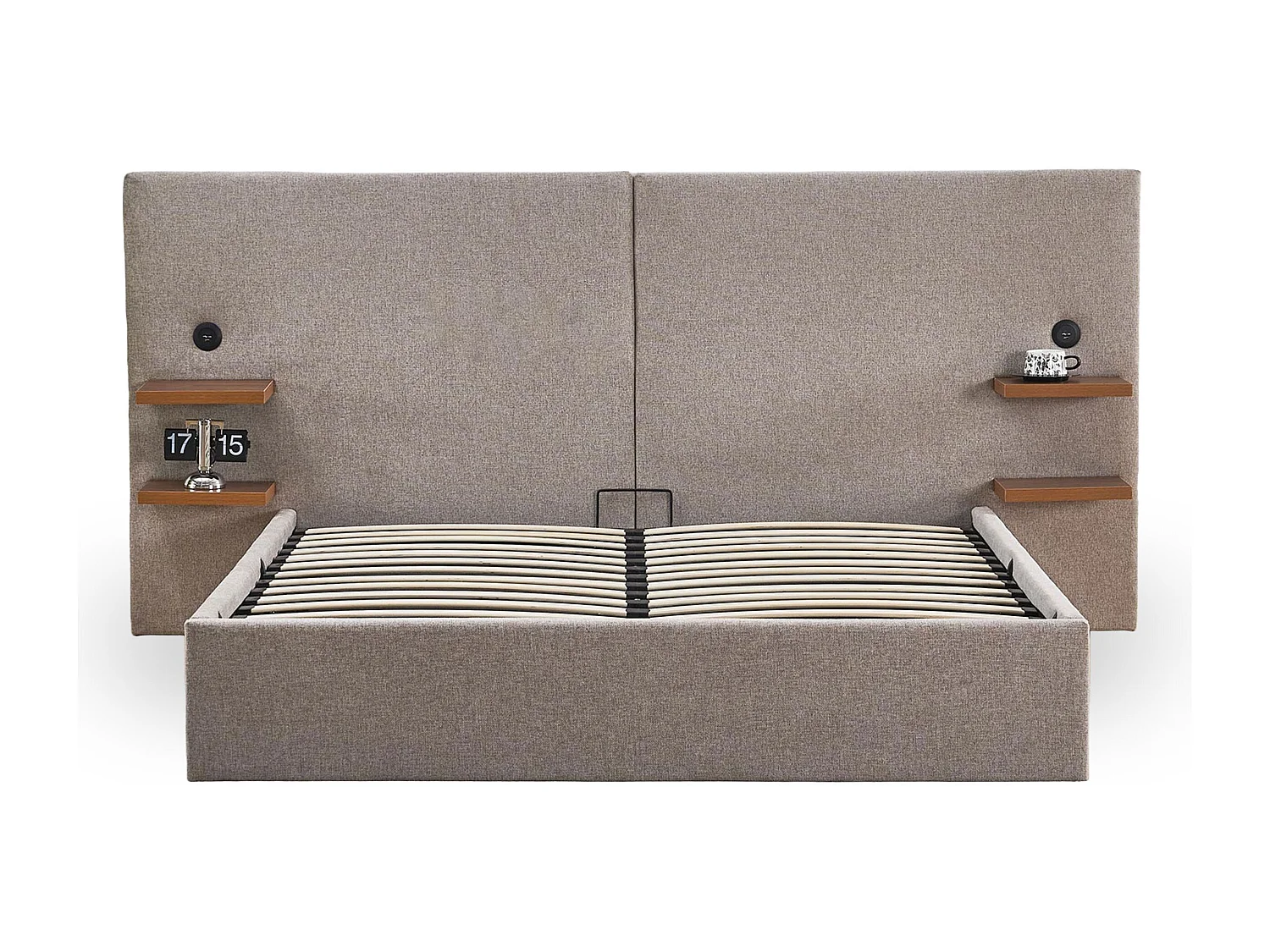 Lit-coffre complet avec tablettes et ports USB intégrés Lukas 140x190cm Tissu Taupe clair