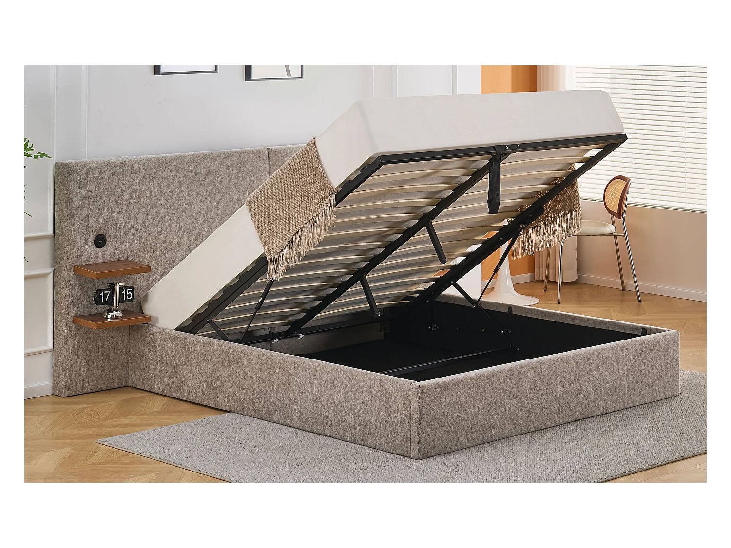 Lit-coffre complet avec tablettes et ports USB intégrés Lukas 140x190cm Tissu Taupe clair