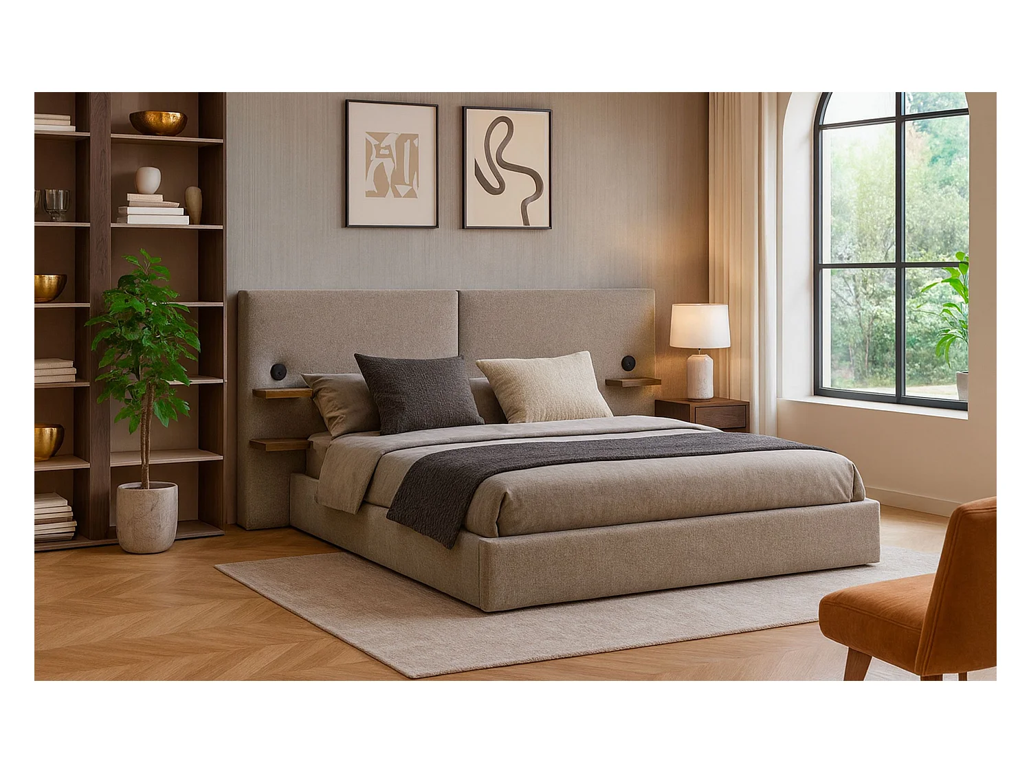 Lit-coffre complet avec tablettes et ports USB intégrés Lukas 140x190cm Tissu Taupe clair