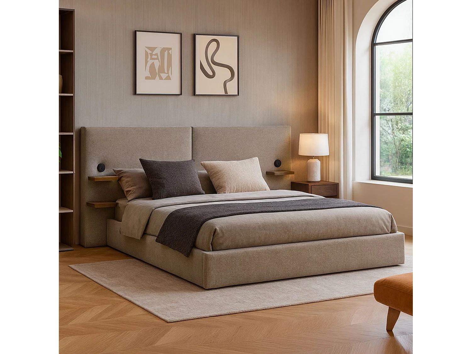 Lit-coffre complet avec tablettes et ports USB intégrés Lukas 140x190cm Tissu Taupe clair