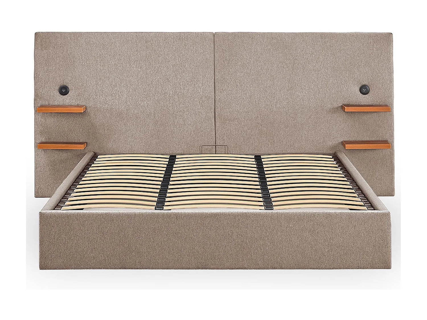 Lit-coffre complet avec tablettes et ports USB intégrés Lukas 180x200cm Tissu Taupe clair