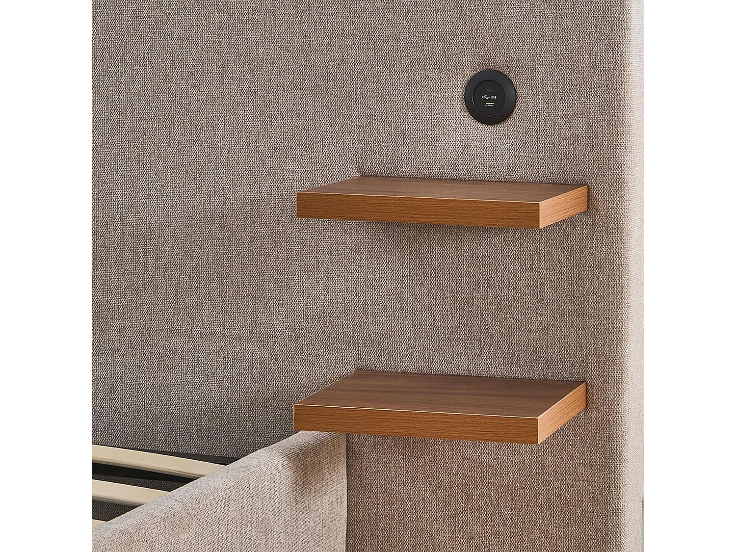 Lit-coffre complet avec tablettes et ports USB intégrés Lukas 180x200cm Tissu Taupe clair