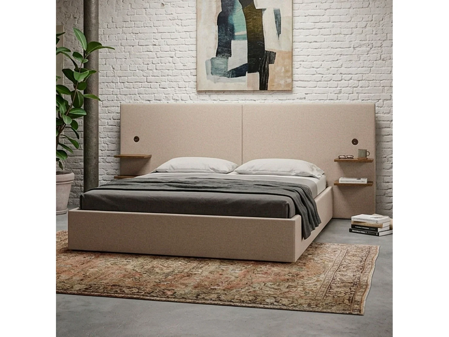 Lit-coffre complet avec tablettes et ports USB intégrés Lukas 180x200cm Tissu Taupe clair
