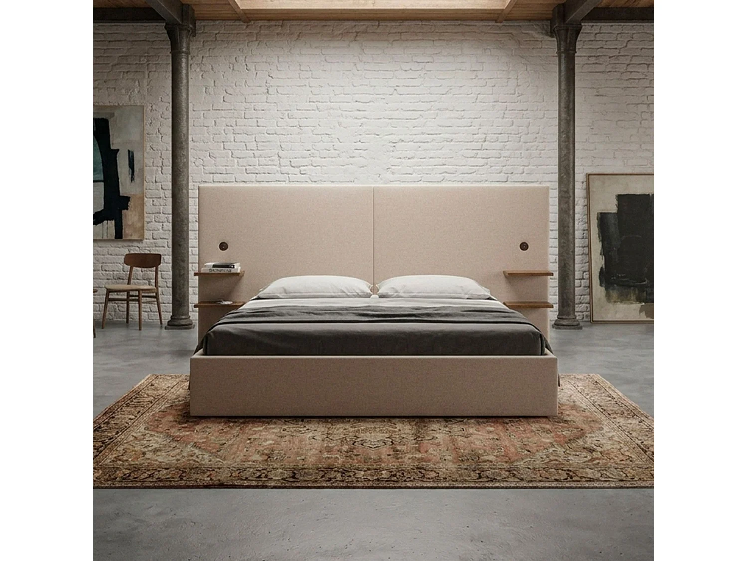 Lit-coffre complet avec tablettes et ports USB intégrés Lukas 180x200cm Tissu Taupe clair