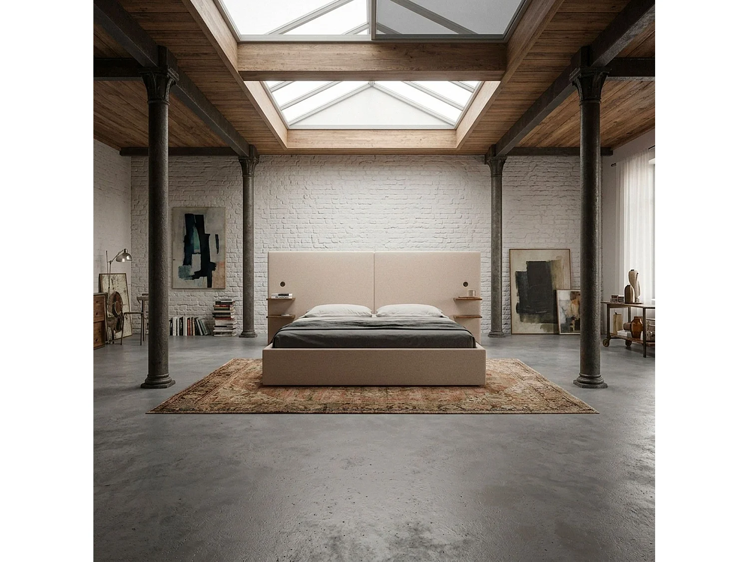 Lit-coffre complet avec tablettes et ports USB intégrés Lukas 180x200cm Tissu Taupe clair