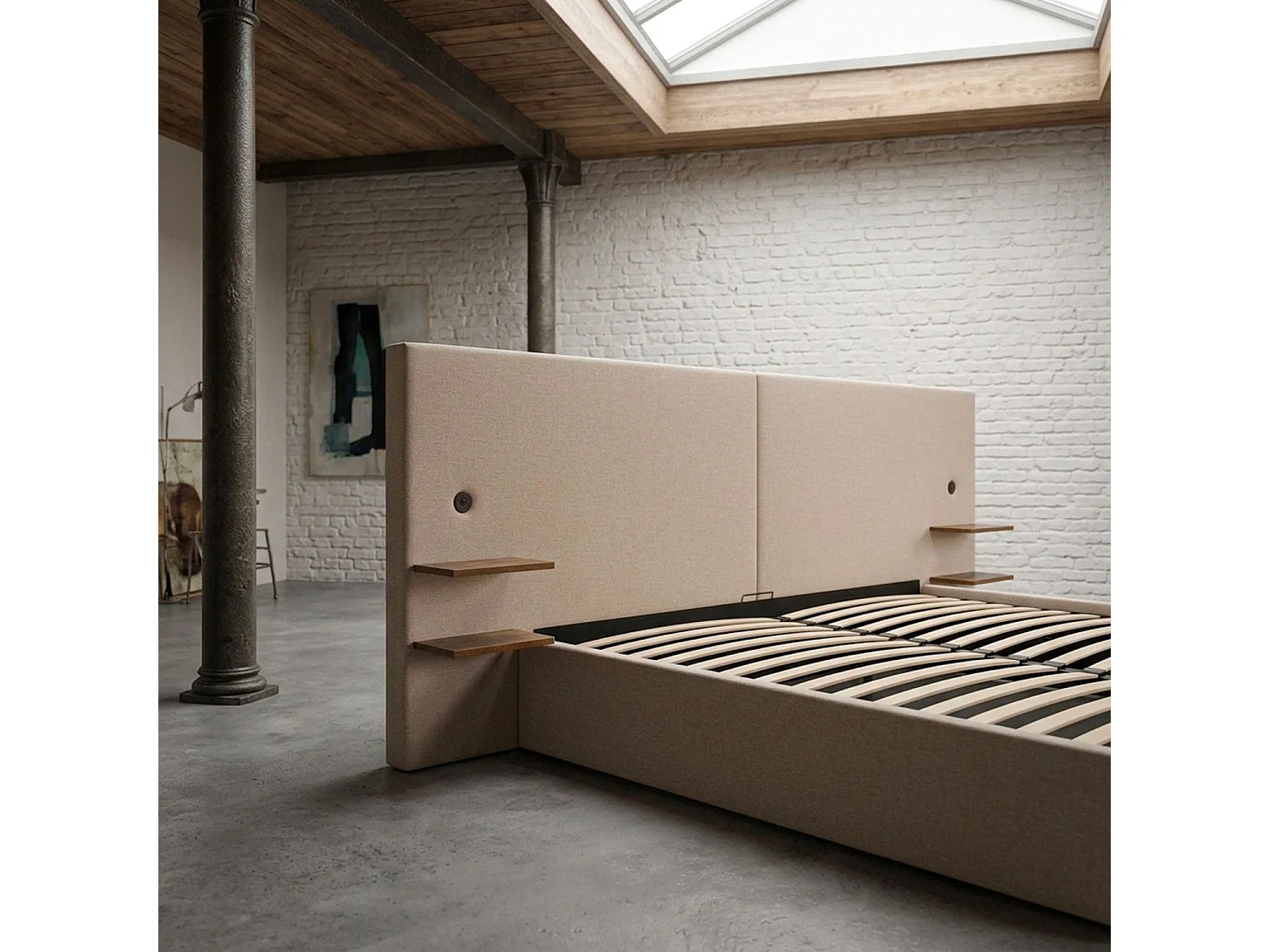 Lit-coffre complet avec tablettes et ports USB intégrés Lukas 180x200cm Tissu Taupe clair