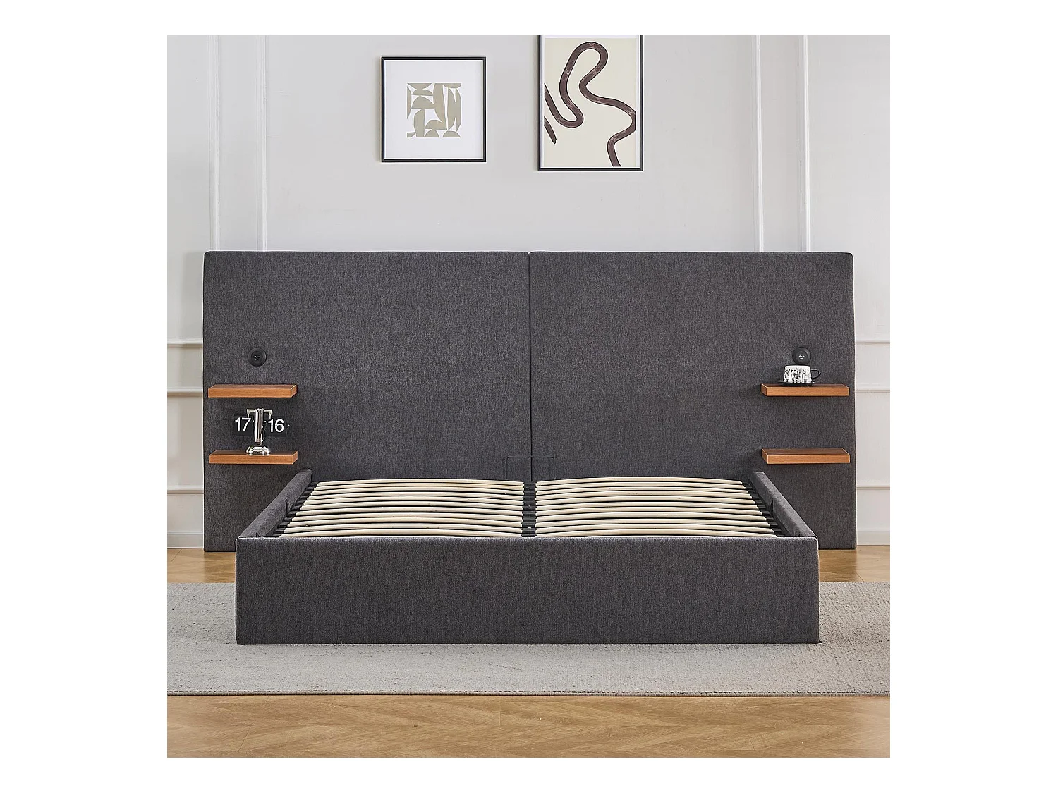 Lit-coffre complet avec tablettes et ports USB intégrés Lukas 140x190cm Tissu Gris