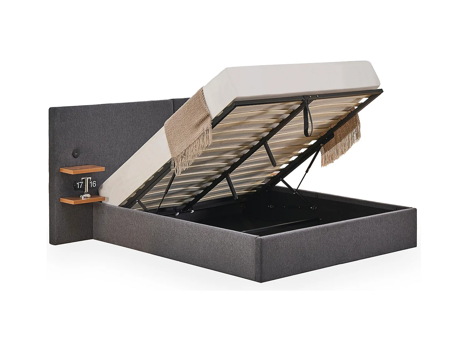 Lit-coffre complet avec tablettes et ports USB intégrés Lukas 140x190cm Tissu Gris