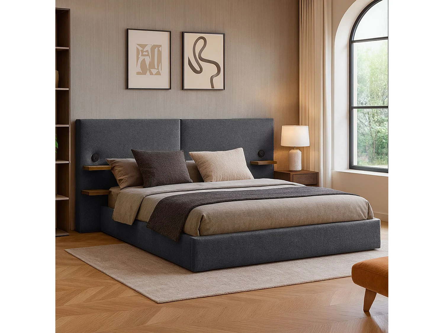 Lit-coffre complet avec tablettes et ports USB intégrés Lukas 140x190cm Tissu Gris