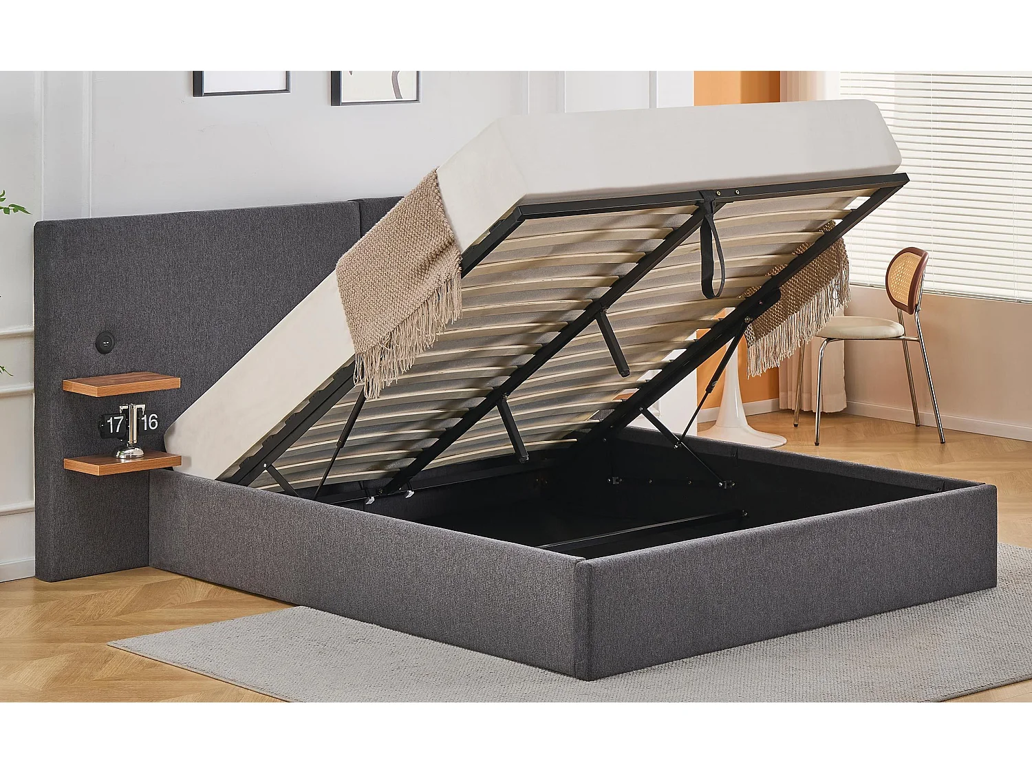 Lit-coffre complet avec tablettes et ports USB intégrés Lukas 140x190cm Tissu Gris