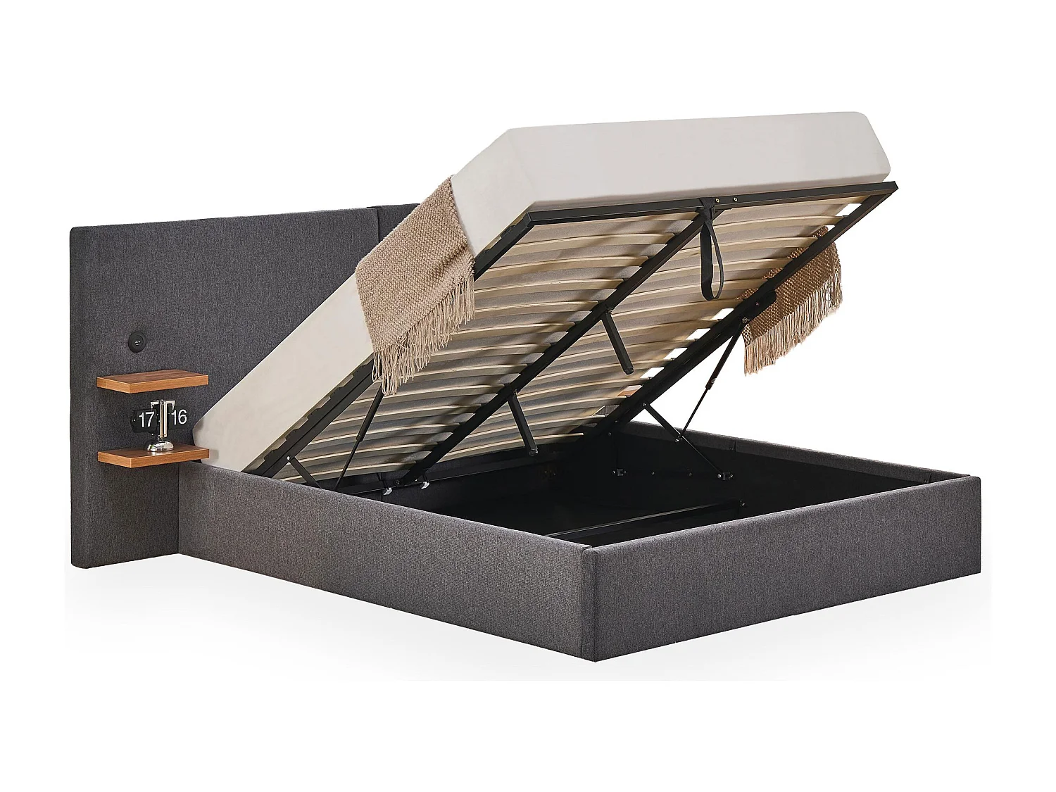 Lit-coffre complet avec tablettes et ports USB intégrés Lukas 140x190cm Tissu Gris