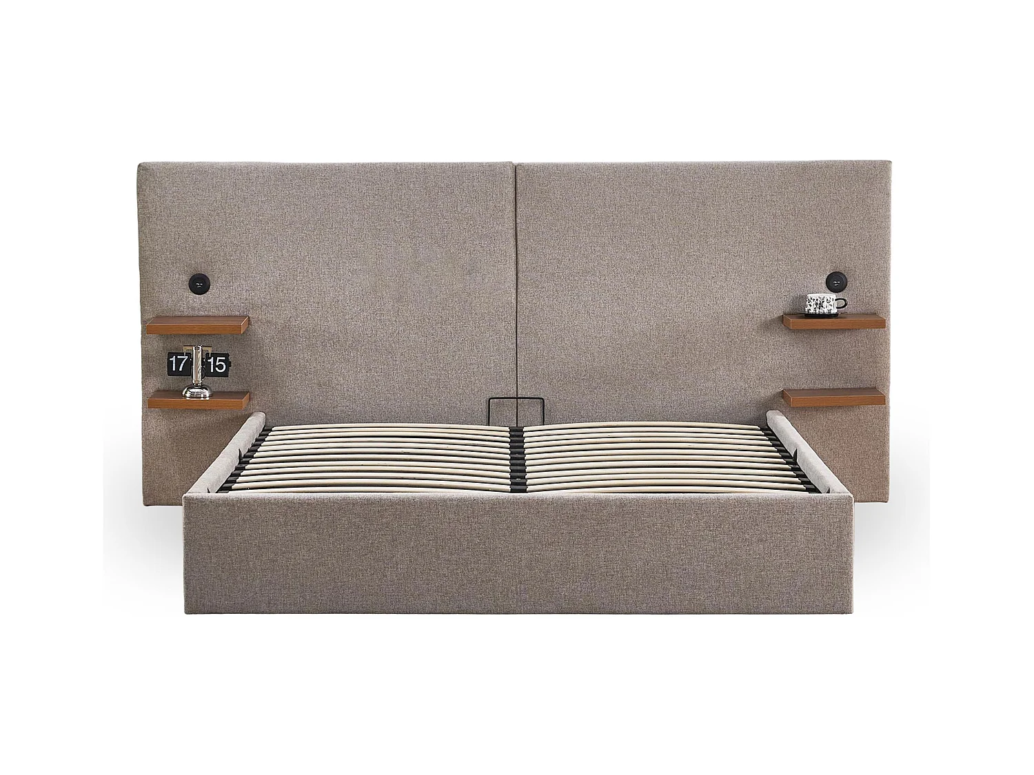 Lit-coffre complet avec tablettes et ports USB intégrés Lukas 160x200cm Tissu Taupe clair