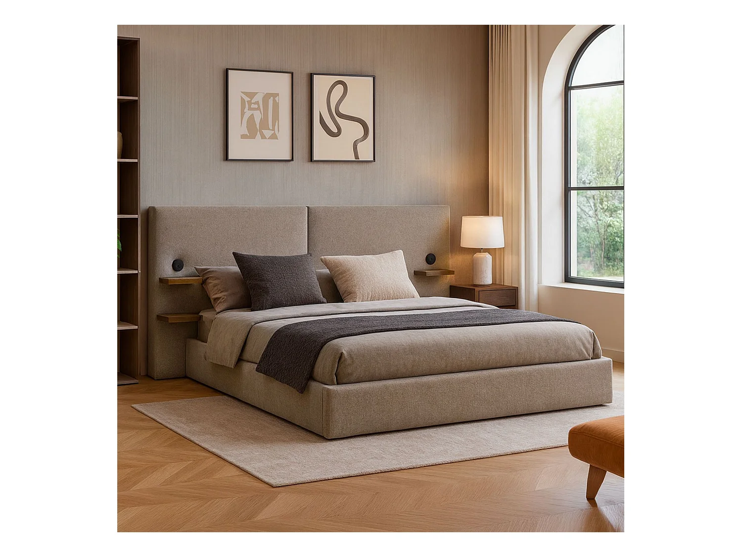 Lit-coffre complet avec tablettes et ports USB intégrés Lukas 160x200cm Tissu Taupe clair