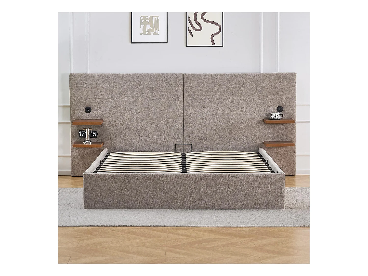 Lit-coffre complet avec tablettes et ports USB intégrés Lukas 160x200cm Tissu Taupe clair