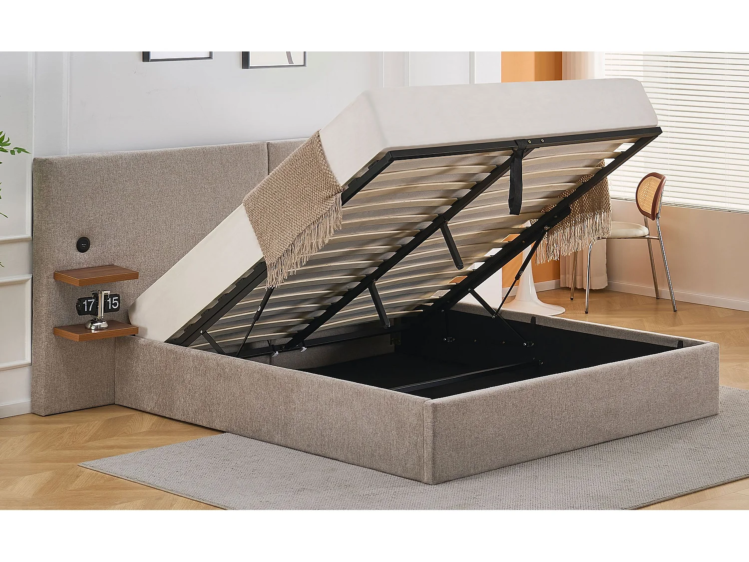 Lit-coffre complet avec tablettes et ports USB intégrés Lukas 160x200cm Tissu Taupe clair