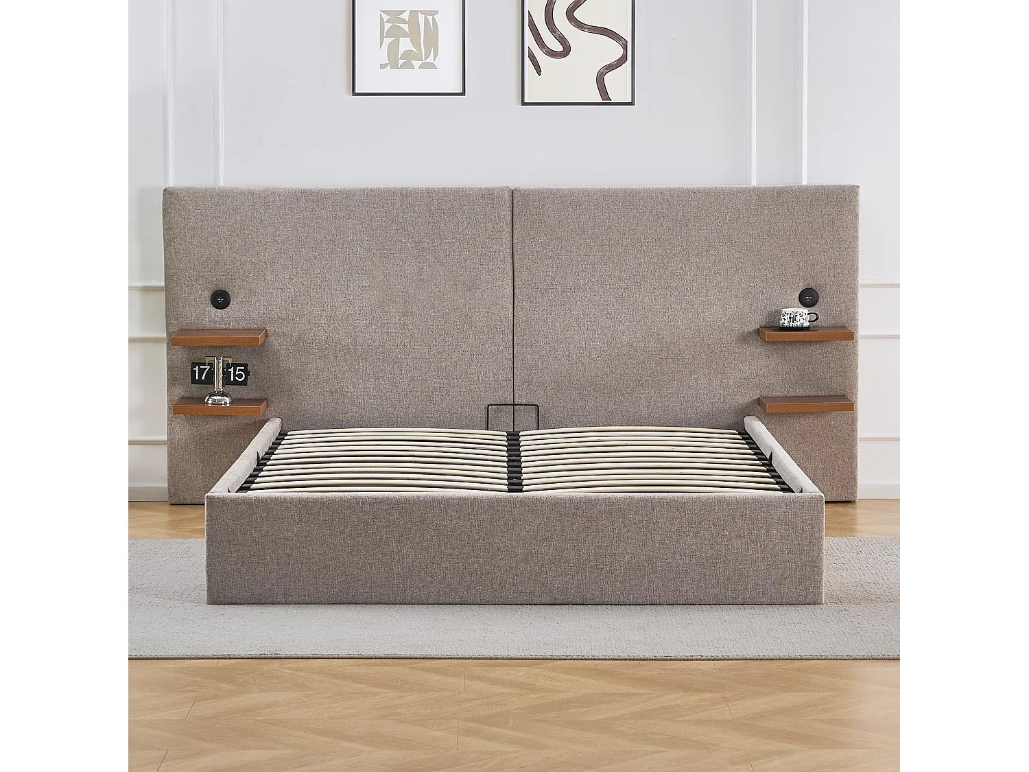 Lit-coffre complet avec tablettes et ports USB intégrés Lukas 160x200cm Tissu Taupe clair
