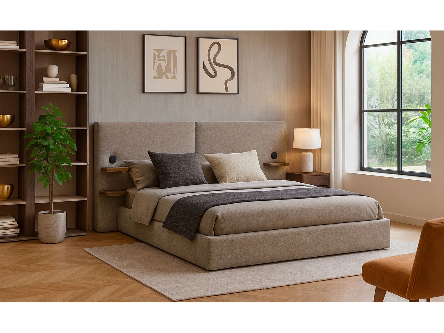 Lit-coffre complet avec tablettes et ports USB intégrés Lukas 160x200cm Tissu Taupe clair