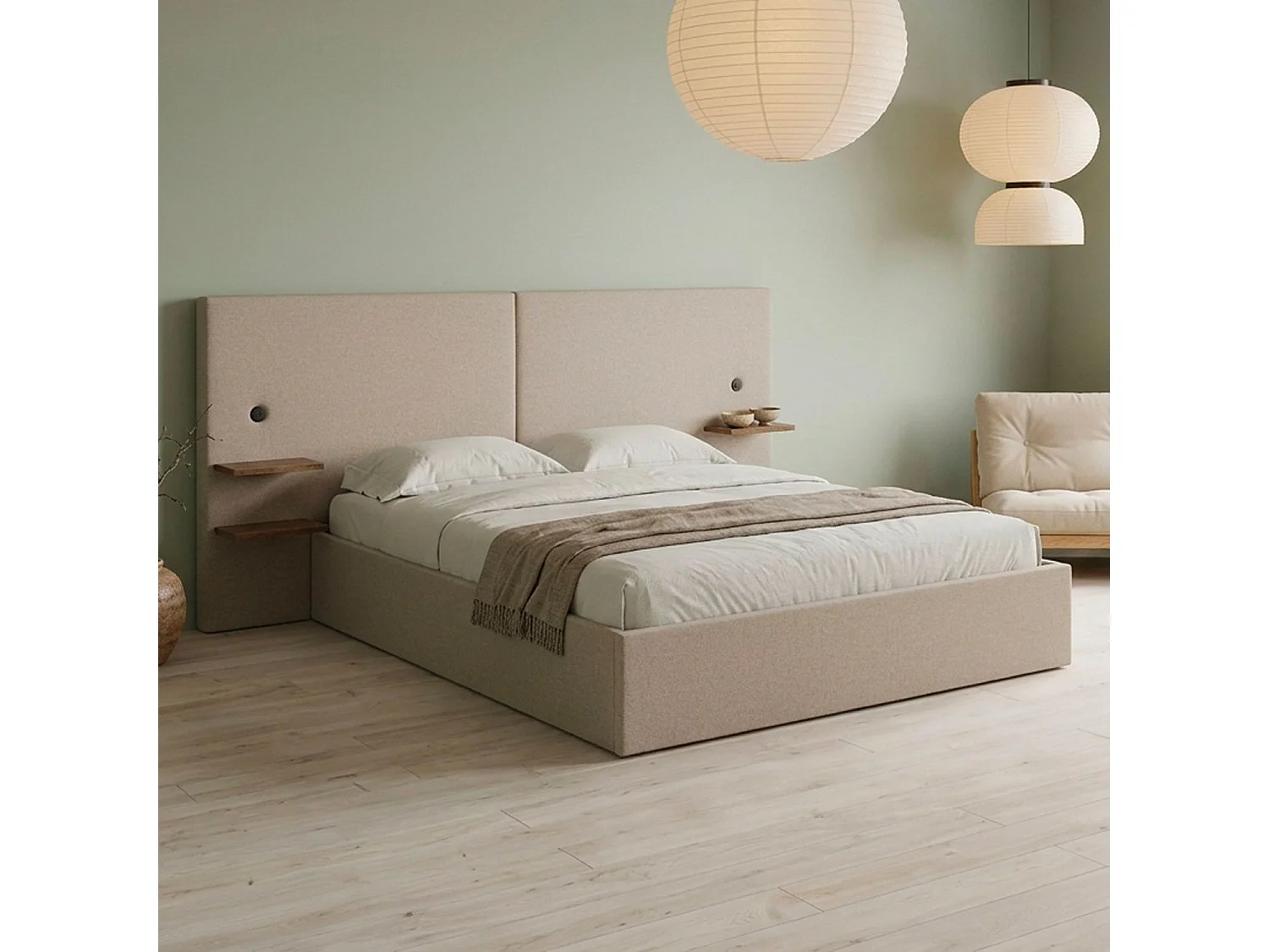 Lit-coffre complet avec tablettes et ports USB intégrés Lukas 160x200cm Tissu Taupe clair