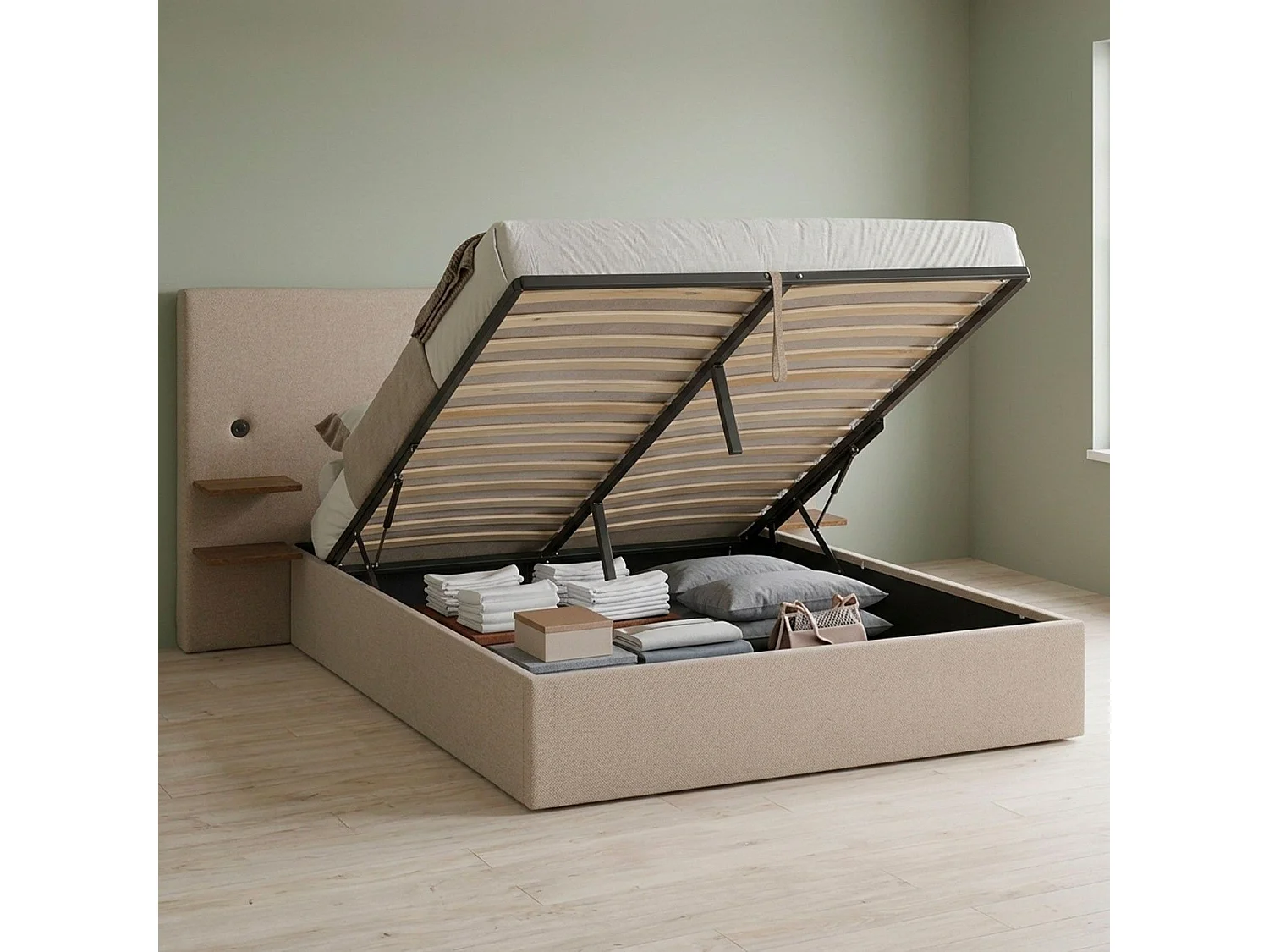 Lit-coffre complet avec tablettes et ports USB intégrés Lukas 160x200cm Tissu Taupe clair