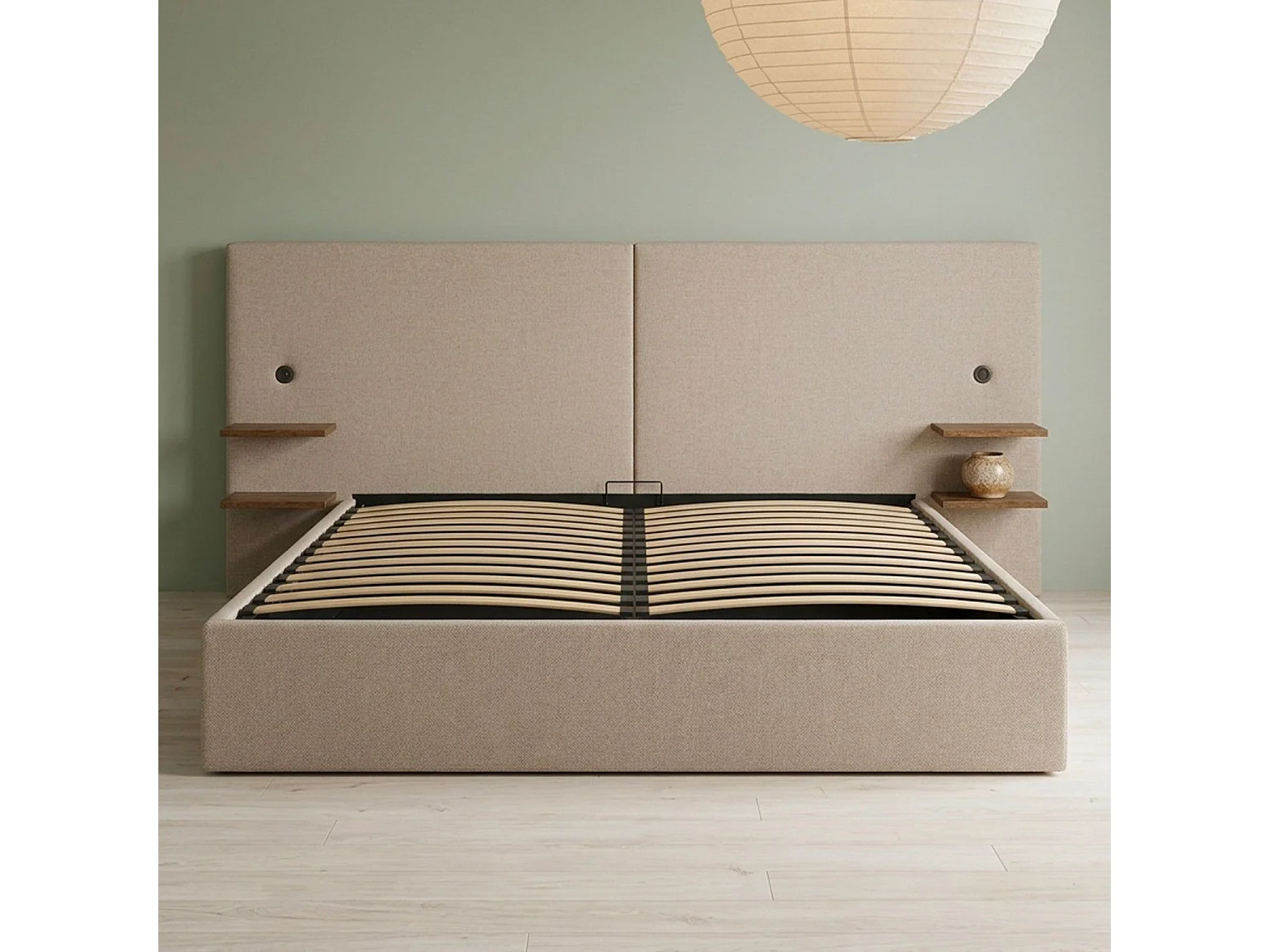 Lit-coffre complet avec tablettes et ports USB intégrés Lukas 160x200cm Tissu Taupe clair
