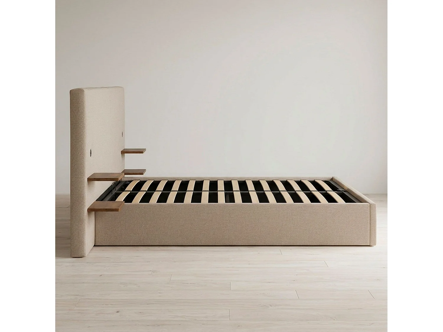 Lit-coffre complet avec tablettes et ports USB intégrés Lukas 160x200cm Tissu Taupe clair
