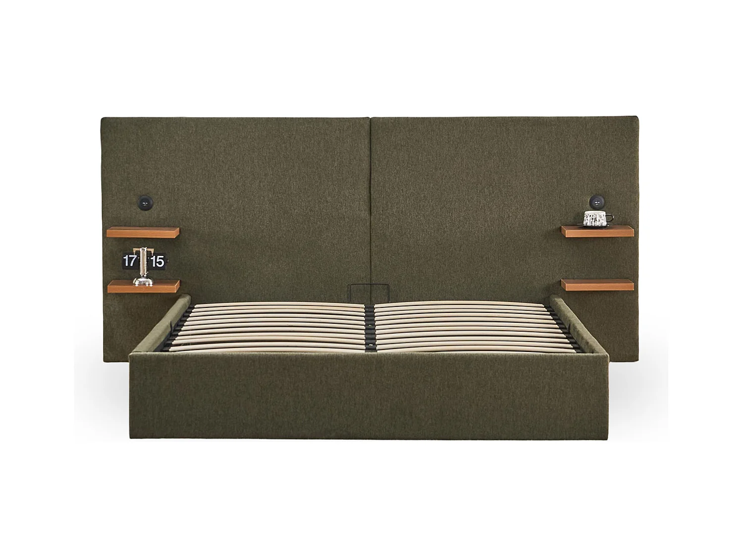 Lit-coffre complet avec tablettes et ports USB intégrés Lukas 140x190cm Tissu Vert