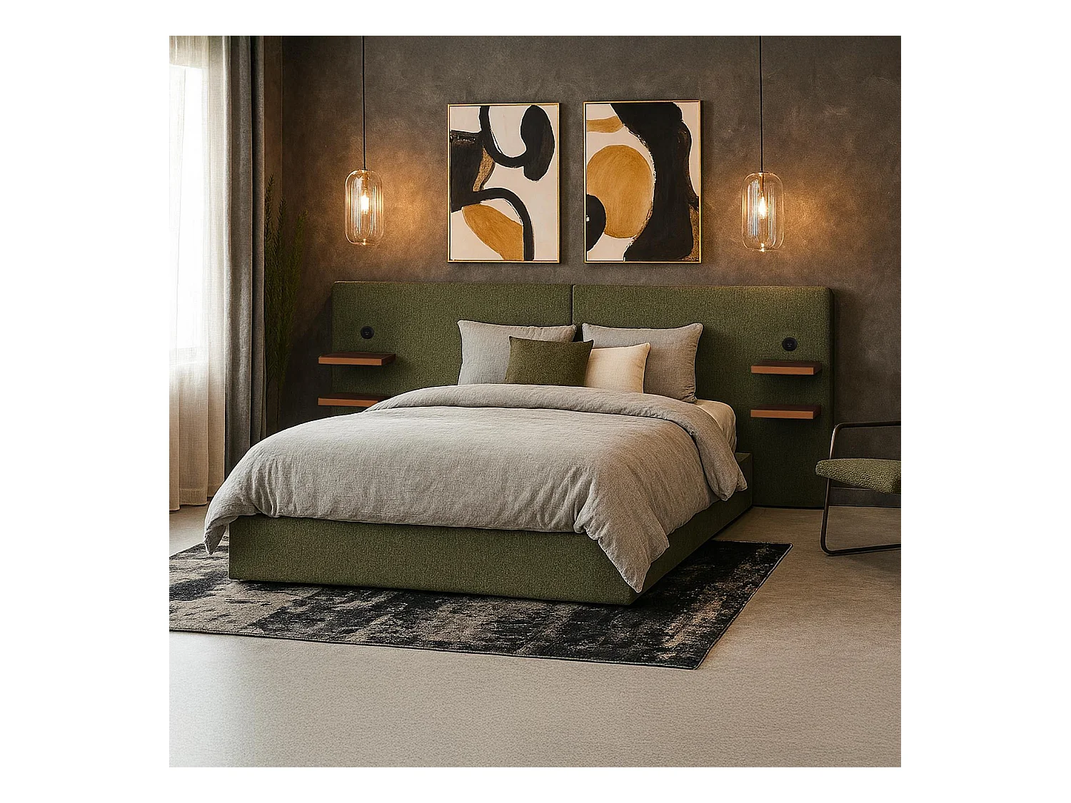 Lit-coffre complet avec tablettes et ports USB intégrés Lukas 140x190cm Tissu Vert