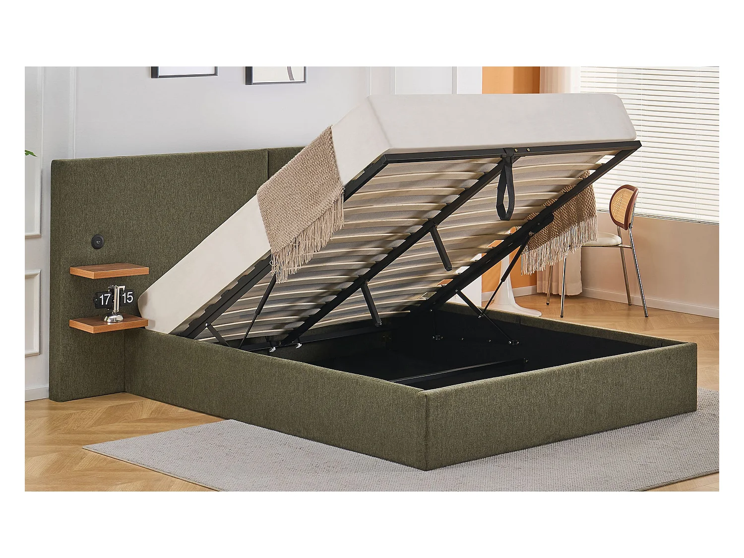 Lit-coffre complet avec tablettes et ports USB intégrés Lukas 140x190cm Tissu Vert