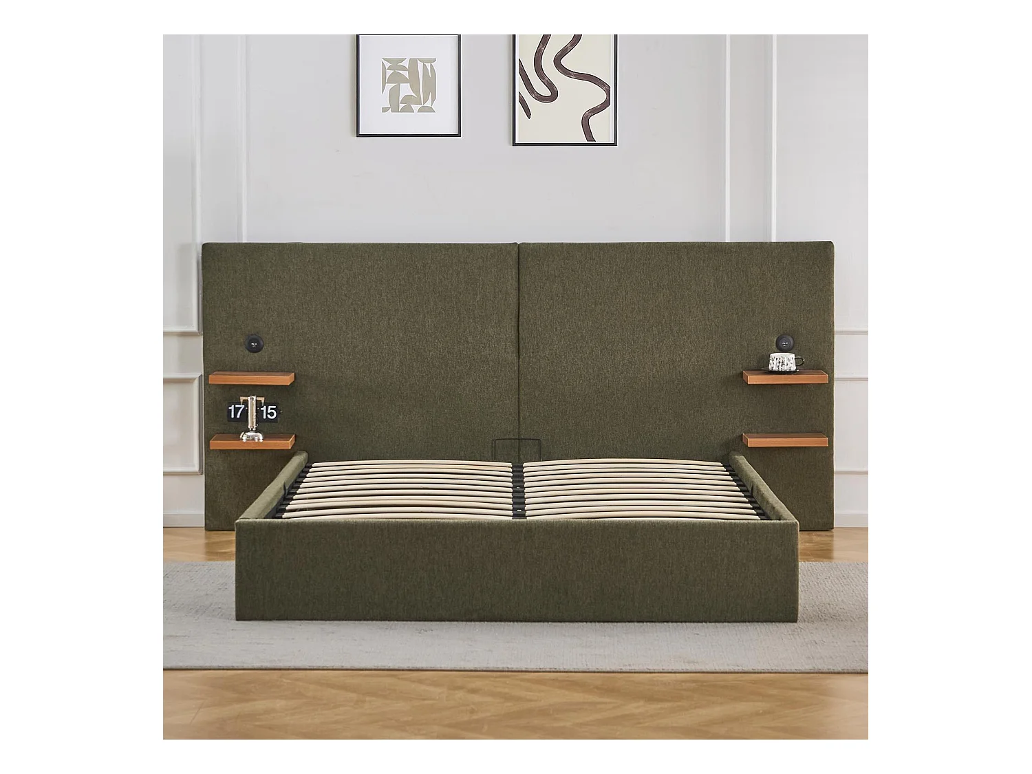 Lit-coffre complet avec tablettes et ports USB intégrés Lukas 140x190cm Tissu Vert