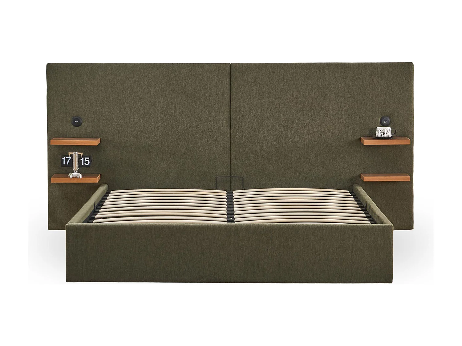Lit-coffre complet avec tablettes et ports USB intégrés Lukas 140x190cm Tissu Vert