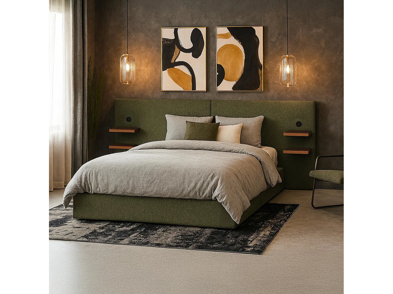 Lit-coffre complet avec tablettes et ports USB intégrés Lukas 140x190cm Tissu Vert