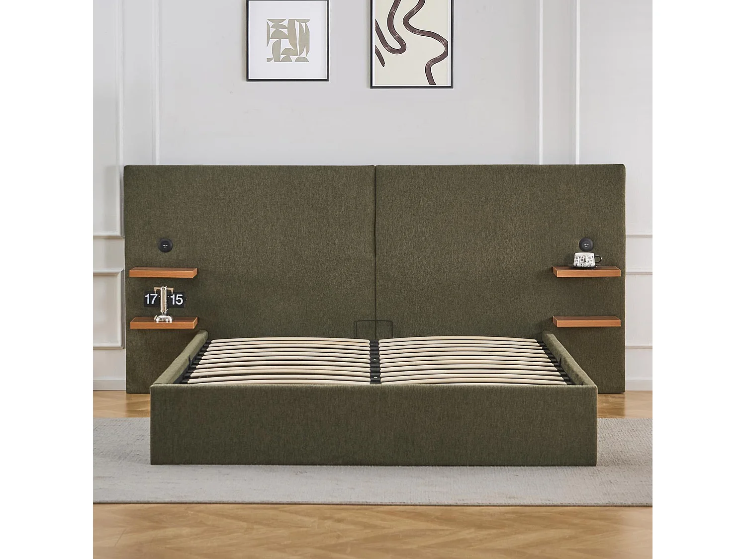 Lit-coffre complet avec tablettes et ports USB intégrés Lukas 140x190cm Tissu Vert