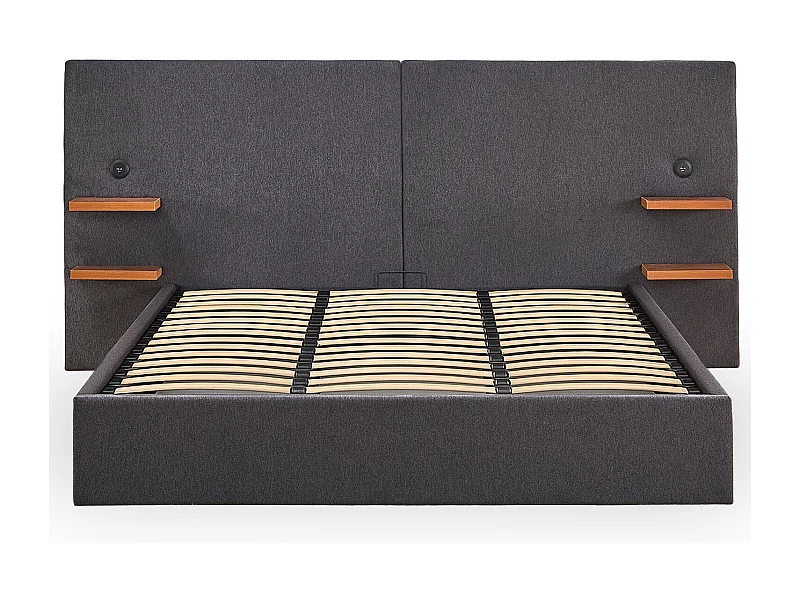 Lit-coffre complet avec tablettes et ports USB intégrés Lukas 180x200cm Tissu Gris