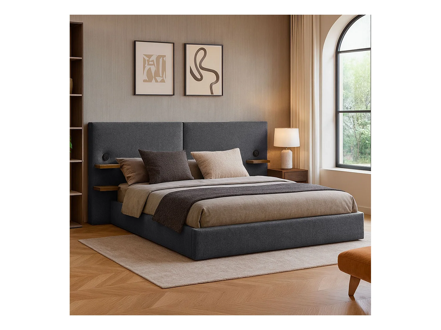 Lit-coffre complet avec tablettes et ports USB intégrés Lukas 180x200cm Tissu Gris