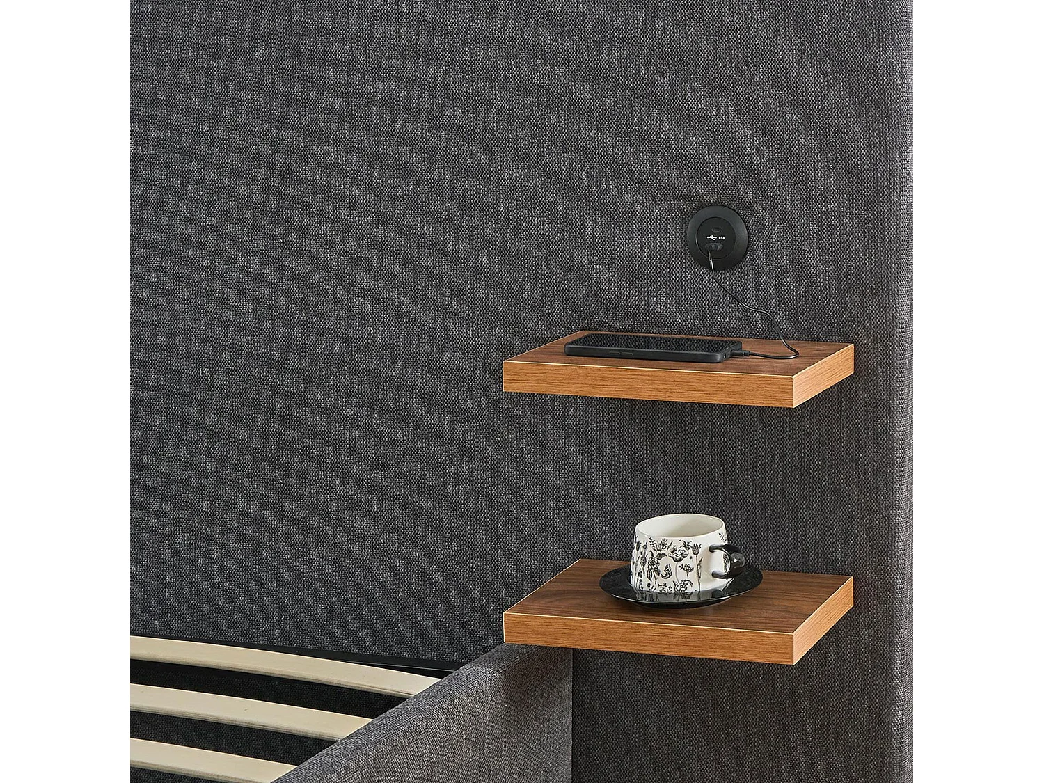 Lit-coffre complet avec tablettes et ports USB intégrés Lukas 180x200cm Tissu Gris