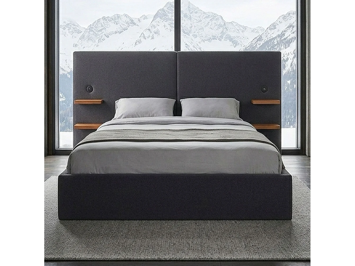 Lit-coffre complet avec tablettes et ports USB intégrés Lukas 180x200cm Tissu Gris