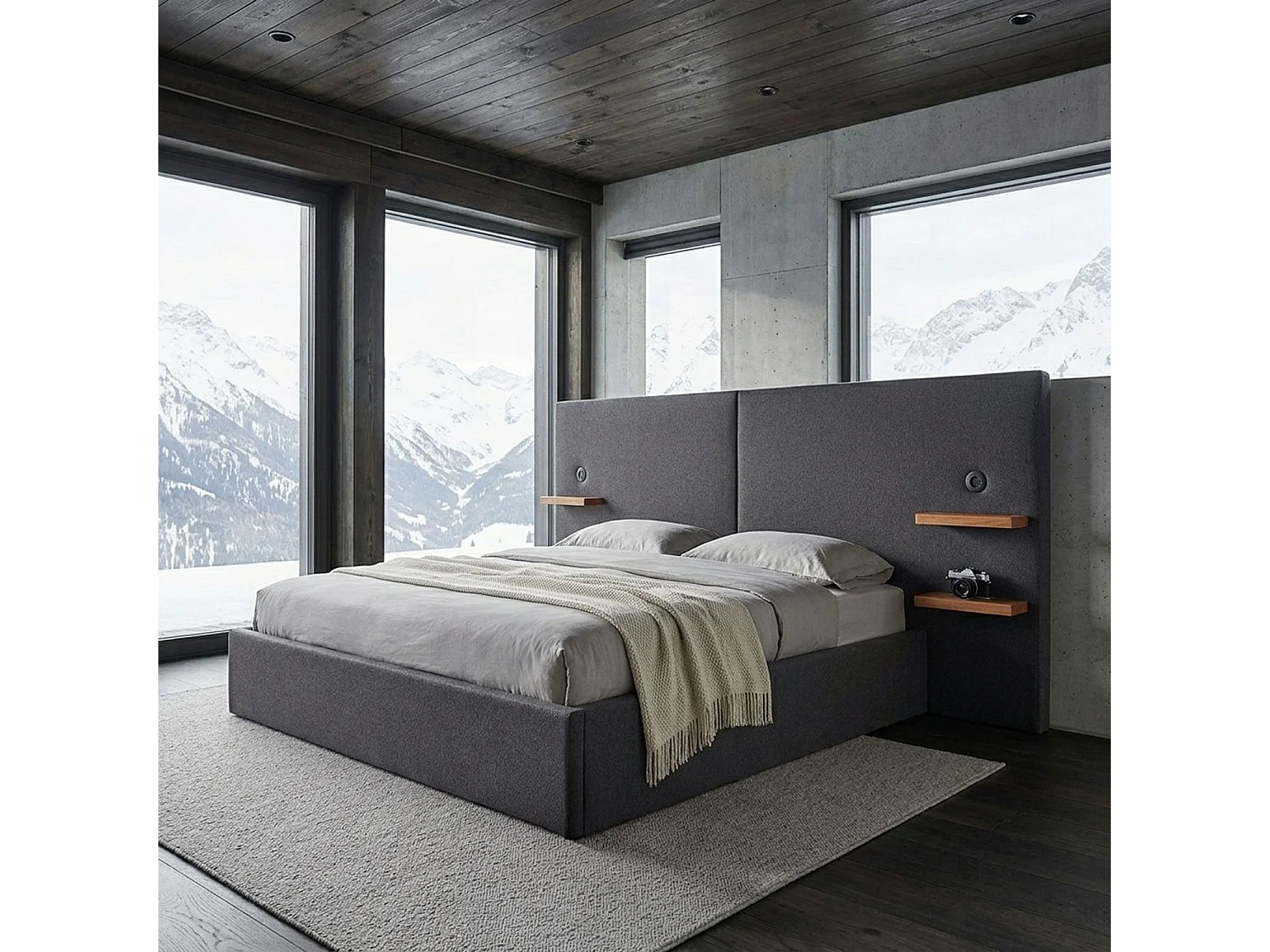 Lit-coffre complet avec tablettes et ports USB intégrés Lukas 180x200cm Tissu Gris