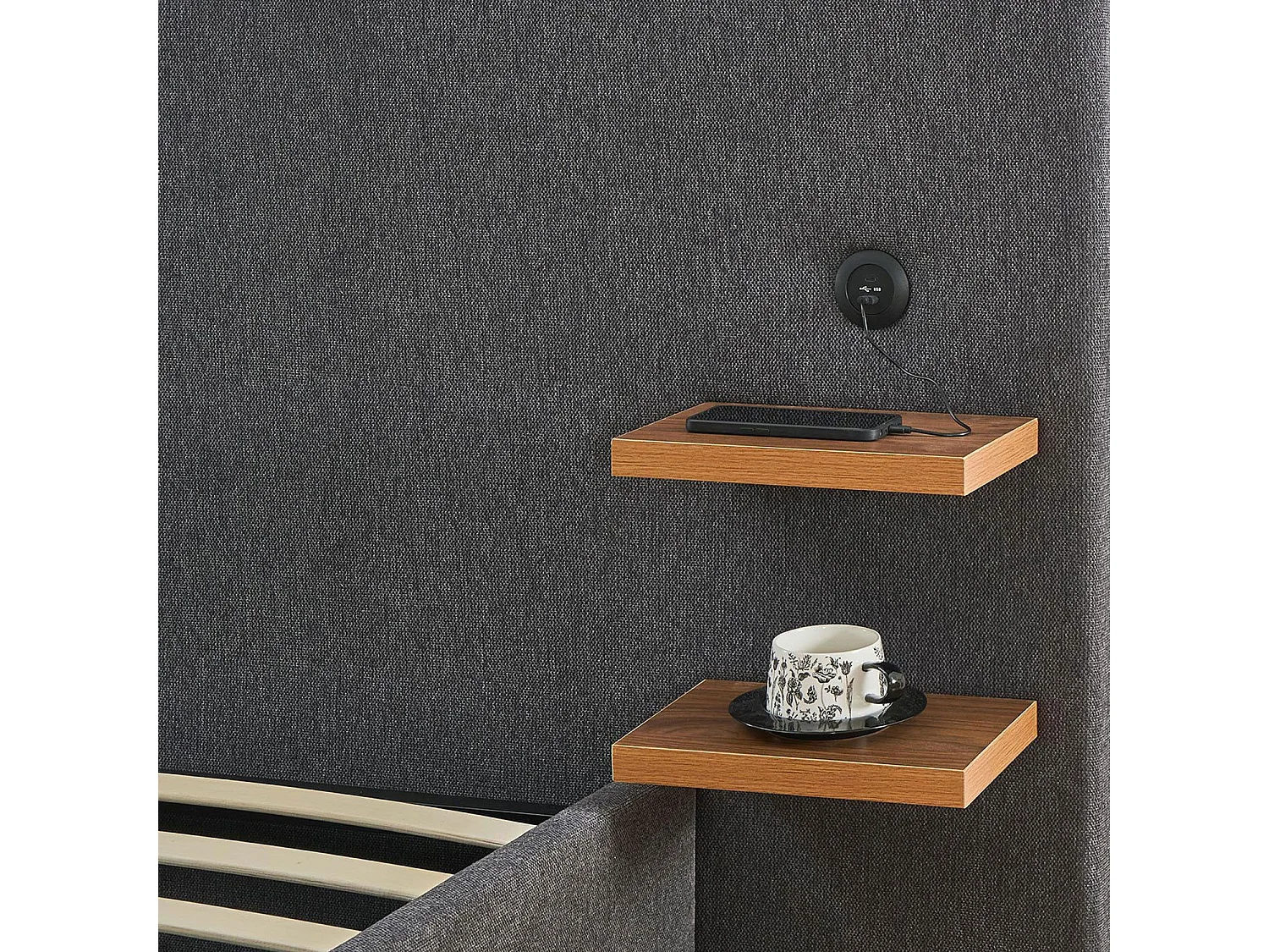 Lit-coffre complet avec tablettes et ports USB intégrés Lukas 180x200cm Tissu Gris