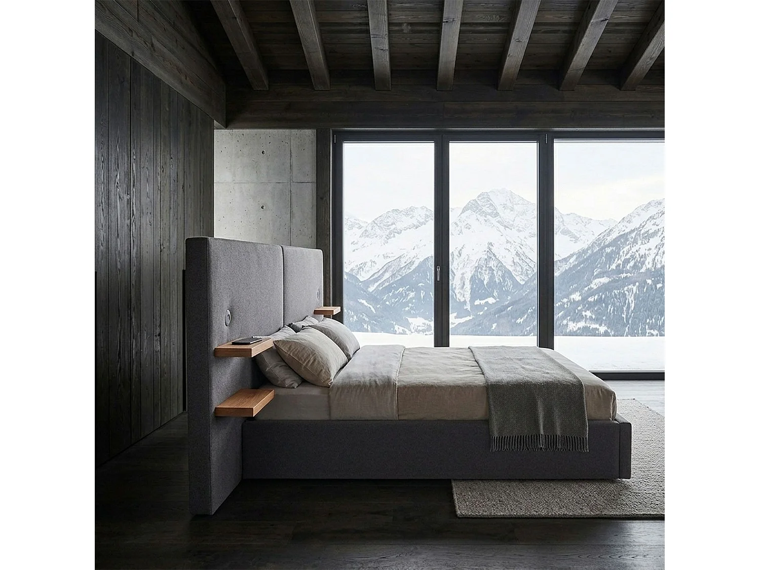 Lit-coffre complet avec tablettes et ports USB intégrés Lukas 180x200cm Tissu Gris