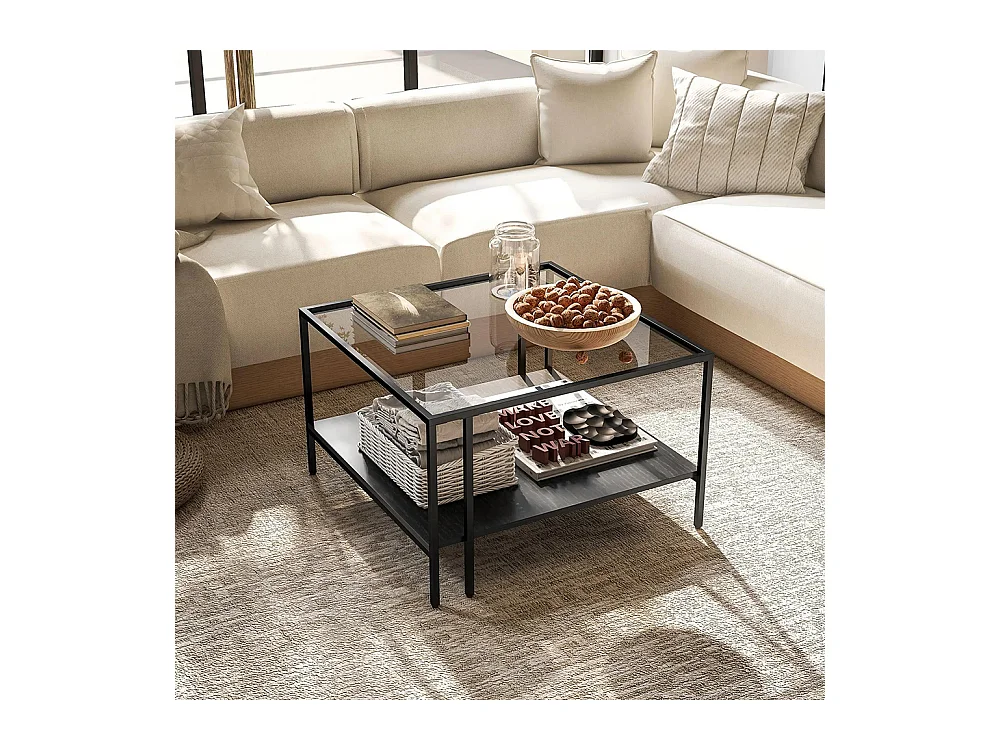 Table basse carrée 2 niveaux avec plateau en verre trempé 1 étagère design minimaliste noir