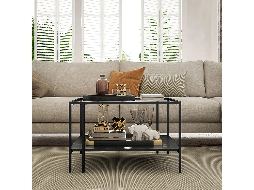 Table basse carrée 2 niveaux avec plateau en verre trempé 1 étagère design minimaliste noir