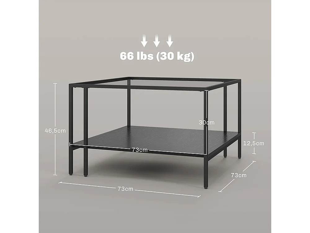 Table basse carrée 2 niveaux avec plateau en verre trempé 1 étagère design minimaliste noir