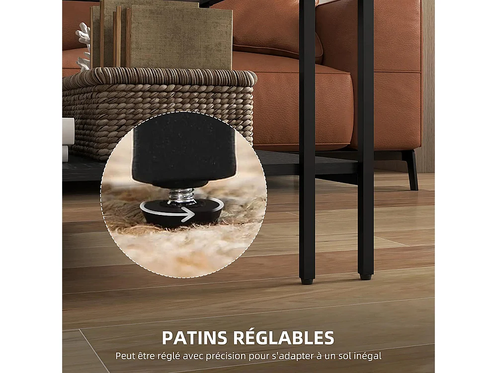 Table basse carrée 2 niveaux avec plateau en verre trempé 1 étagère design minimaliste noir