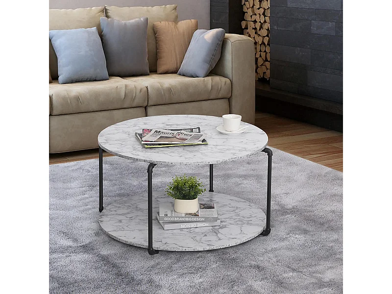 Table basse ronde avec étagère panneaux particules Imitation marbre blanc métal noir