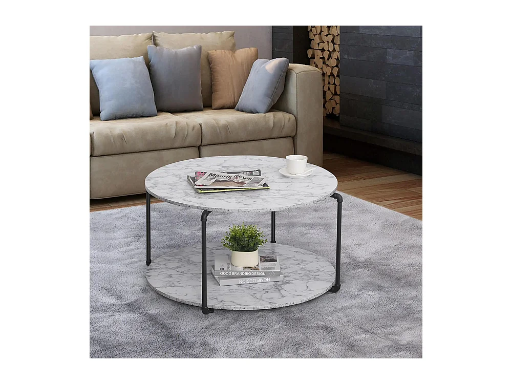 Table basse ronde avec étagère panneaux particules Imitation marbre blanc métal noir