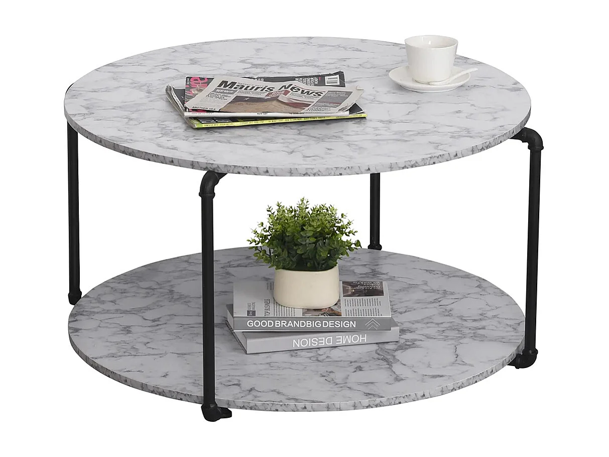 Table basse ronde avec étagère panneaux particules Imitation marbre blanc métal noir