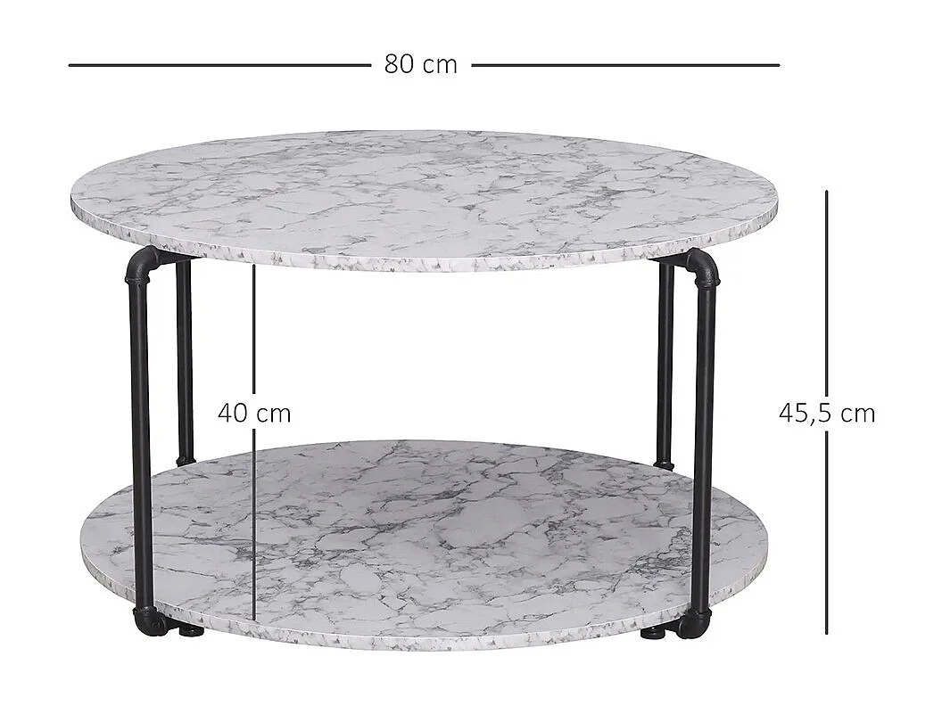 Table basse ronde avec étagère panneaux particules Imitation marbre blanc métal noir
